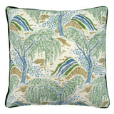 Close-up side view of Linwood cushion in Gwendolyn, Emerald  showing fabric texture and piping in a deluxe green velvet.