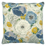 Linwood cushion in Joni, Chambray colourway. Overhead view showing the full front design, featuring an abundance of flowers and foliage, enhanced with painterly brush strokes.