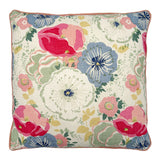 Linwood cushion in Joni, Raspberry colourway. Overhead view showing the full front design, featuring an abundance of flowers and foliage, enhanced with painterly brush strokes.
