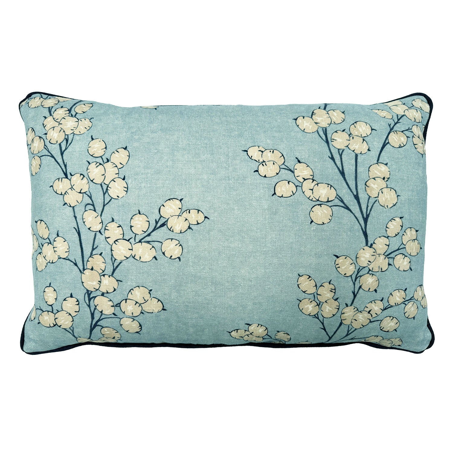 Linwood cushion in Lottie, Sky colourway. Overhead view showing the full front design, features a pattern that captures the simple beauty of honesty seedheads.