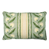 Linwood cushion in Polly, Stripe Moss colourway. Overhead view showing the full front design, features a stylised dandelion framed by bands of complementary colour, edged with a playful, wavy line.