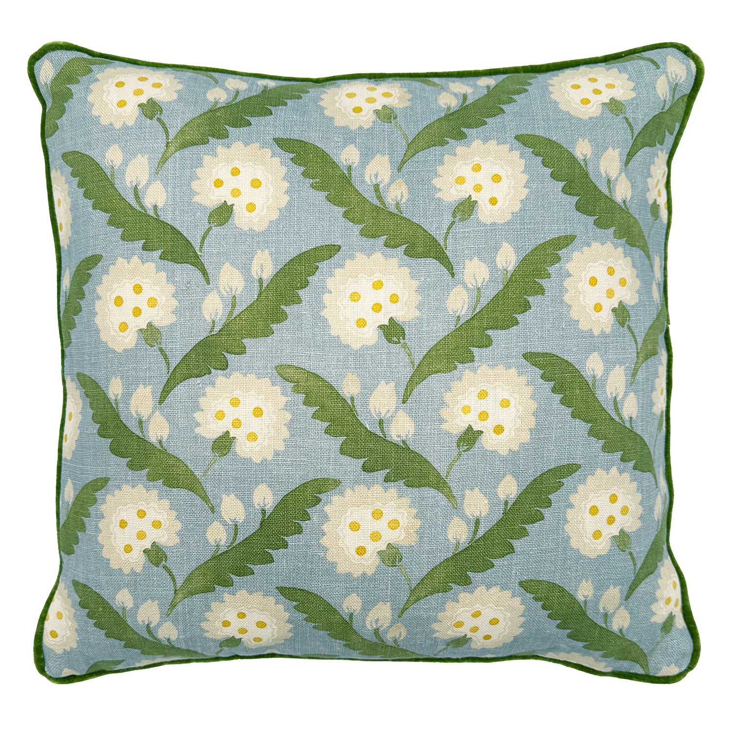 Linwood cushion in Polly, Lakeside colourway. Overhead view showing the full front design, features a stylised flower reminiscent of a dandelion.