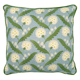 Linwood cushion in Polly, Lakeside colourway. Overhead view showing the full front design, features a stylised flower reminiscent of a dandelion.