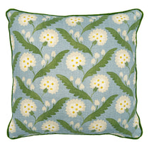 Linwood cushion in Polly, Lakeside colourway. Overhead view showing the full front design, features a stylised flower reminiscent of a dandelion.