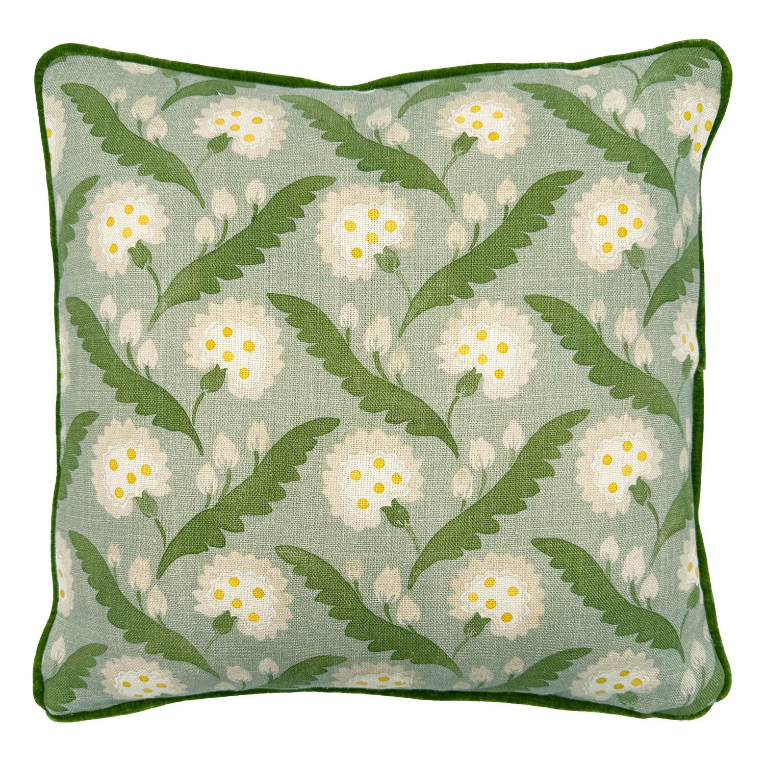 Linwood cushion in Polly, Moss colourway. Overhead view showing the full front design, features a stylised flower reminiscent of a dandelion.