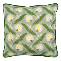 Linwood cushion in Polly, Moss colourway. Overhead view showing the full front design, features a stylised flower reminiscent of a dandelion.