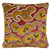 Linwood cushion in Kumo, Flame. Overhead view showing the full front design, featuring stylised clouds with a Japanese influence.