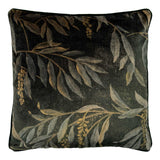 Linwood cushion in Lumen Metallic. Overhead view showing the full front design, featuring stylised wisteria branches in soft, earthy tones with a subtle, luminous finish