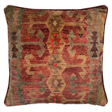 Linwood cushion in Samimi, Earth. Overhead view showing the full front design, a softly textured velvet that evokes the look of a time-worn kilim.