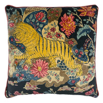 Linwood cushion in Wild Midnight. Overhead view showing the full front design, featuring a striking tiger motif in a palette of jewel tones against a deep, inky background.