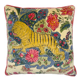 Linwood cushion in Wild Multi. Overhead view showing the full front design, featuring a fantastical tiger surrounded by stylised florals in vivid tones.