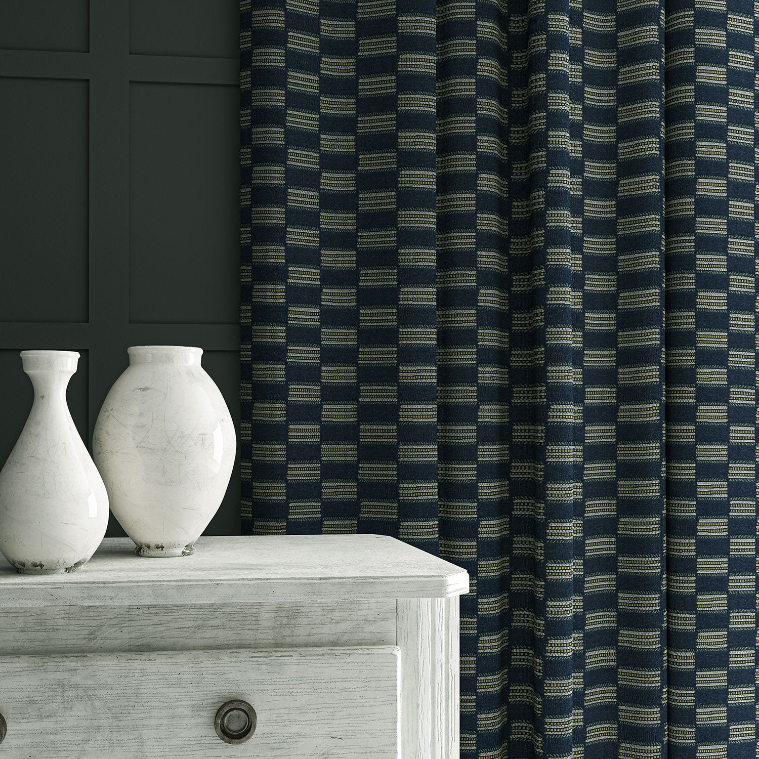 Curtains in Strata fabric in Denim, showing gentle horizontal texture and soft drape.