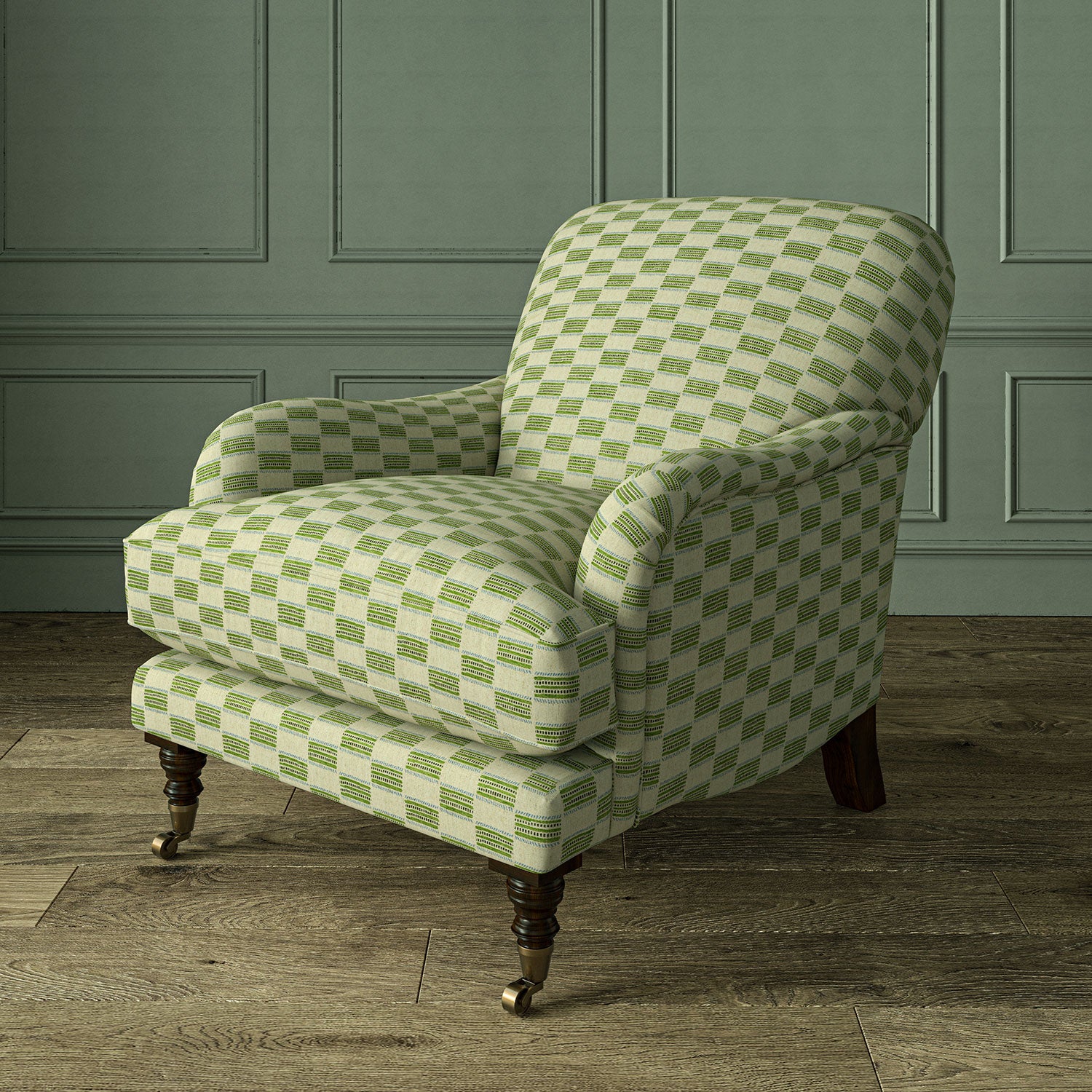 Armchair upholstered in Strata fabric highlighting horizontal texture and tonal depth.