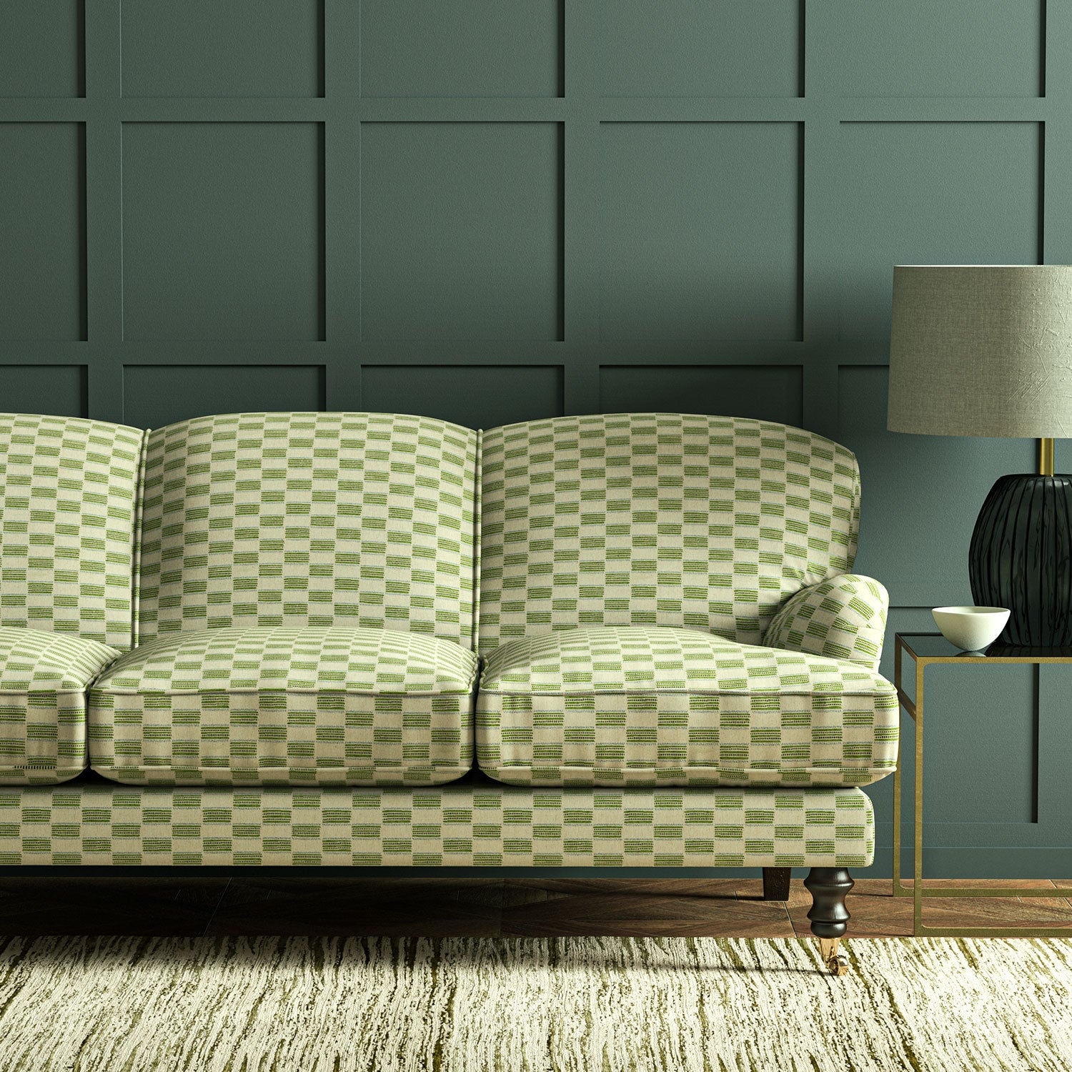 Sofa upholstered in Strata fabric highlighting horizontal texture and tonal depth.