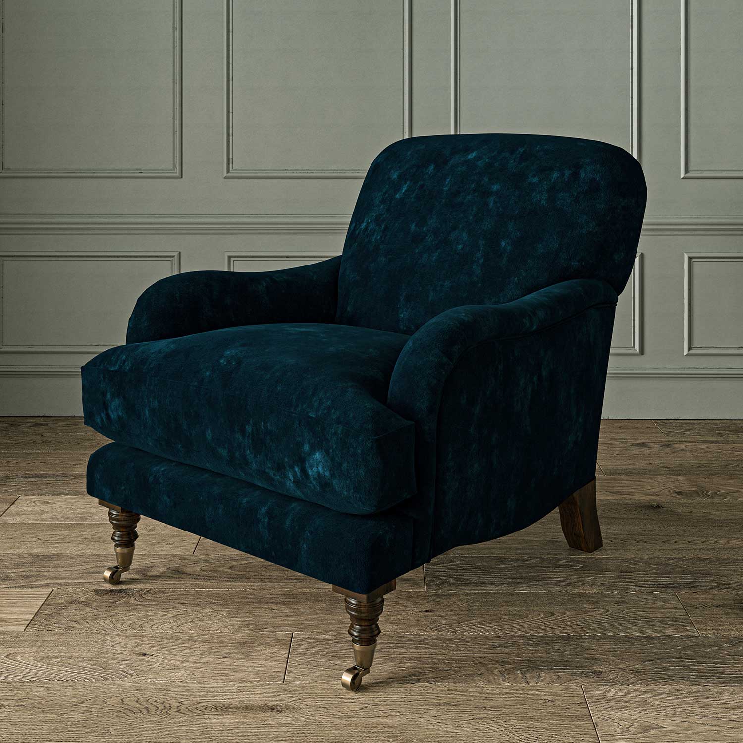 Chair in a indigo blue stain resistant crushed velvet fabric, perfect for blue crushed velvet sofa or curtains