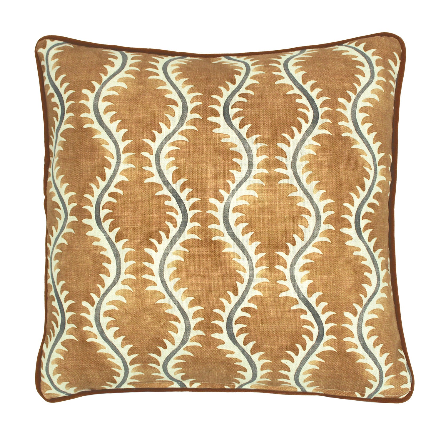 A mustard, grey and brown linen cushion with a all-over repeat pattern and velvet piping.