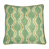 A green, brown and cream linen cushion with a all-over repeat pattern and velvet piping.