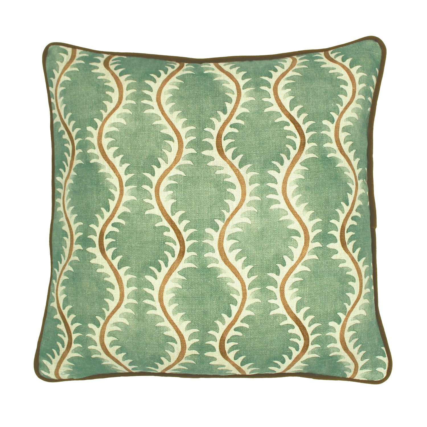 A green, brown and cream linen cushion with a all-over repeat pattern and velvet piping.