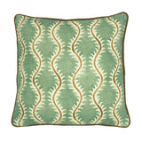 A green, brown and cream linen cushion with a all-over repeat pattern and velvet piping.