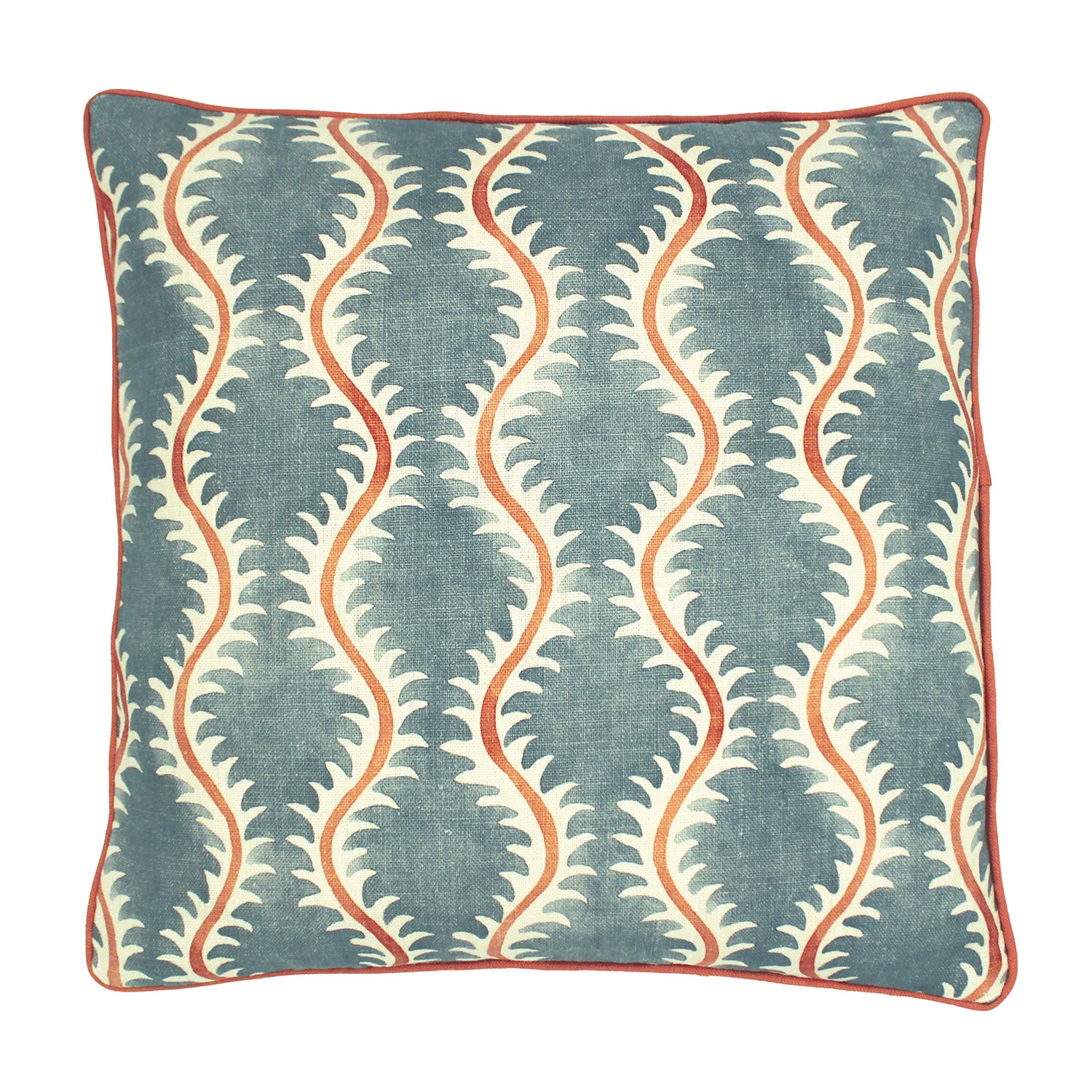 A blue, orange and cream linen cushion with a all-over repeat pattern and linen piping.