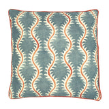 A blue, orange and cream linen cushion with a all-over repeat pattern and linen piping.