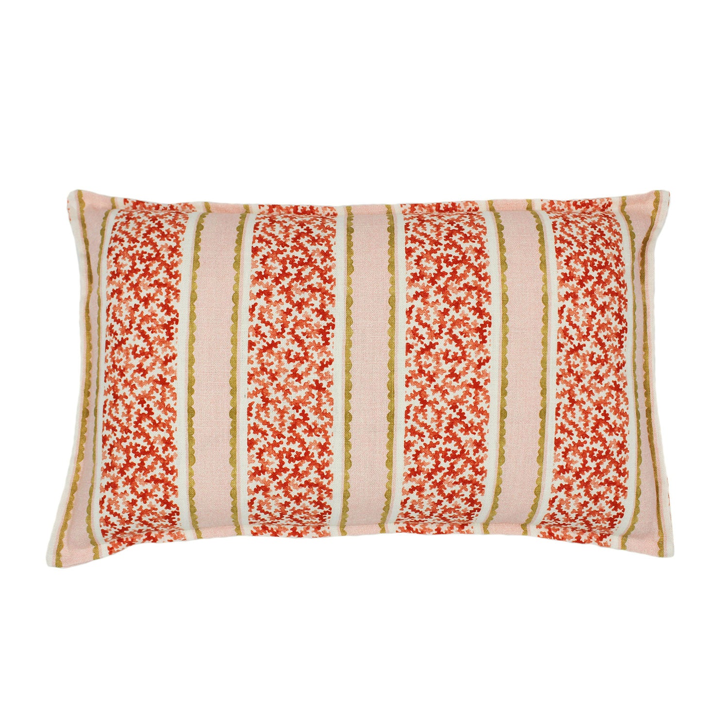 A red, pink and yellow linen cushion with a stylised coral pattern.