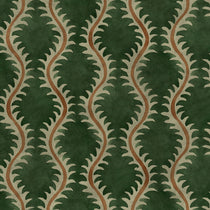 A printed velvet fabric sample in green and orange featuring a stylized fern pattern.