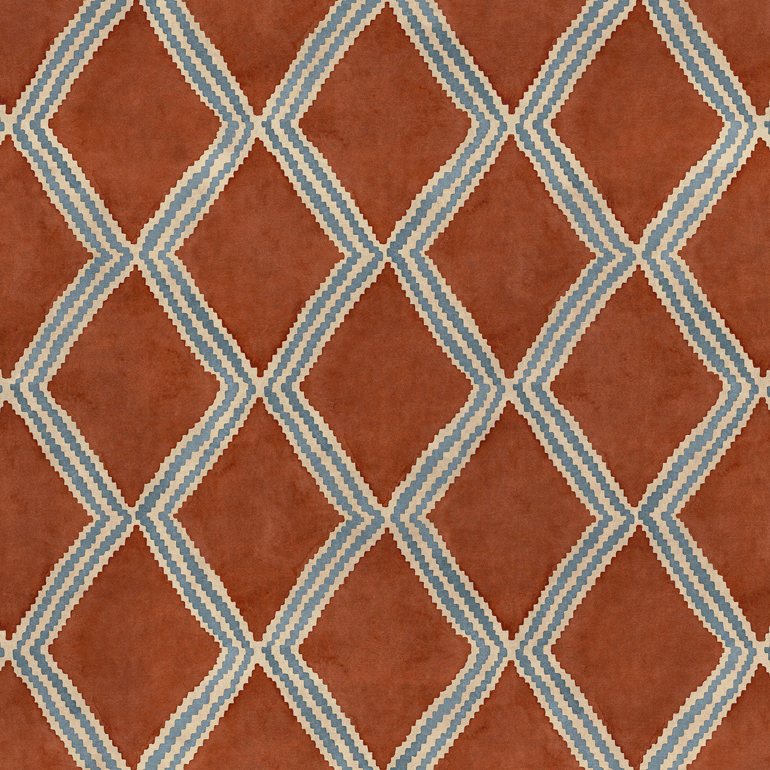 Close-up of red and blue printed velvet fabric featuring an irregular diamond motif with a soft, luxurious pile. 
