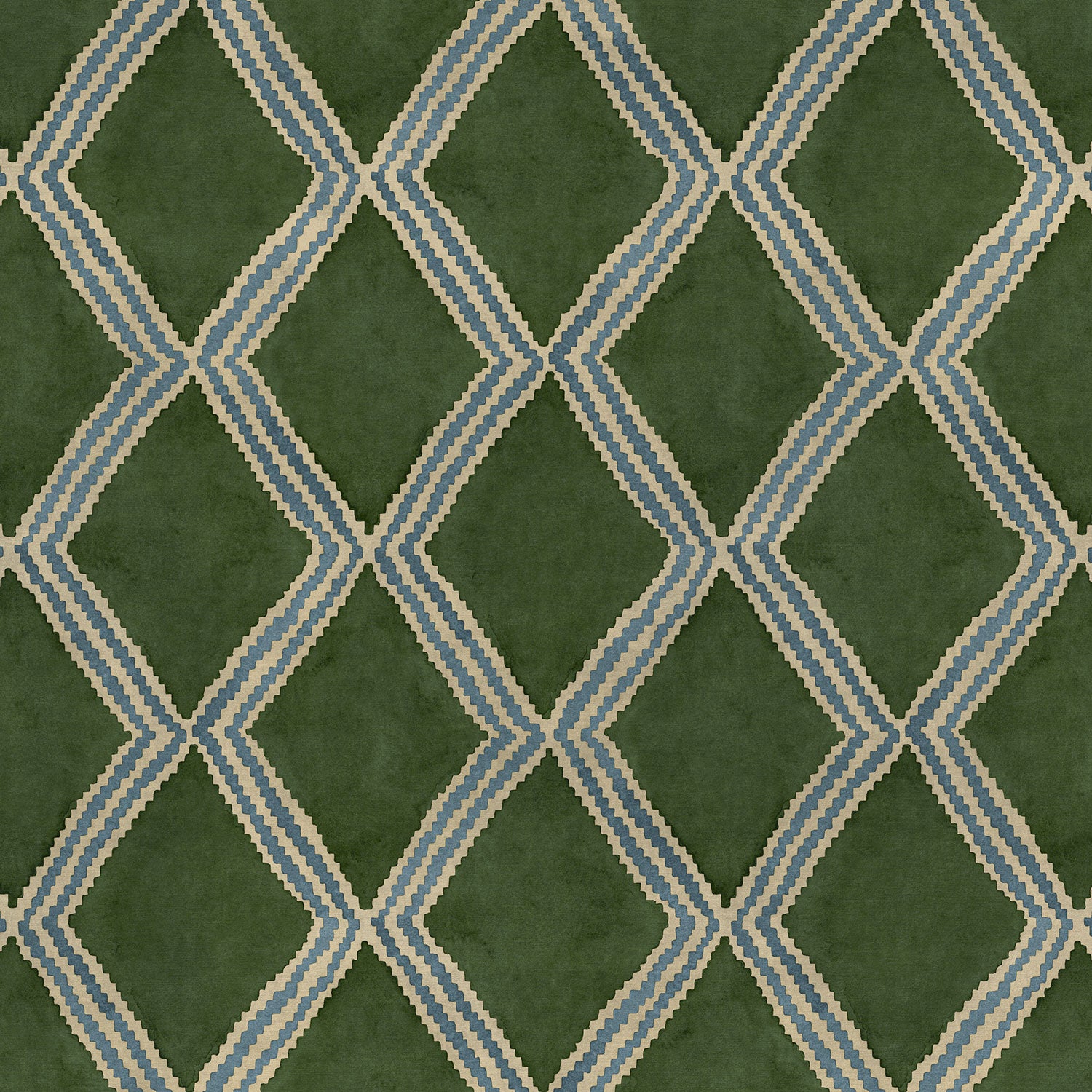 Close-up of green and blue printed velvet fabric featuring an irregular diamond motif with a soft, luxurious pile. 