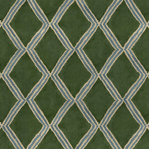Close-up of green and blue printed velvet fabric featuring an irregular diamond motif with a soft, luxurious pile. 