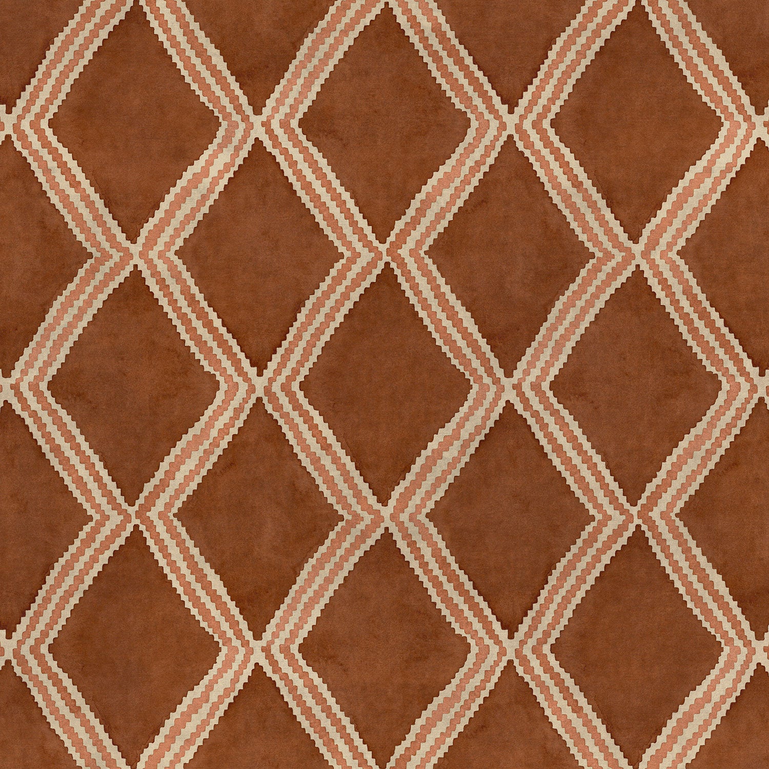 Close-up of ginger/brown printed velvet fabric featuring an irregular diamond motif with a soft, luxurious pile. 