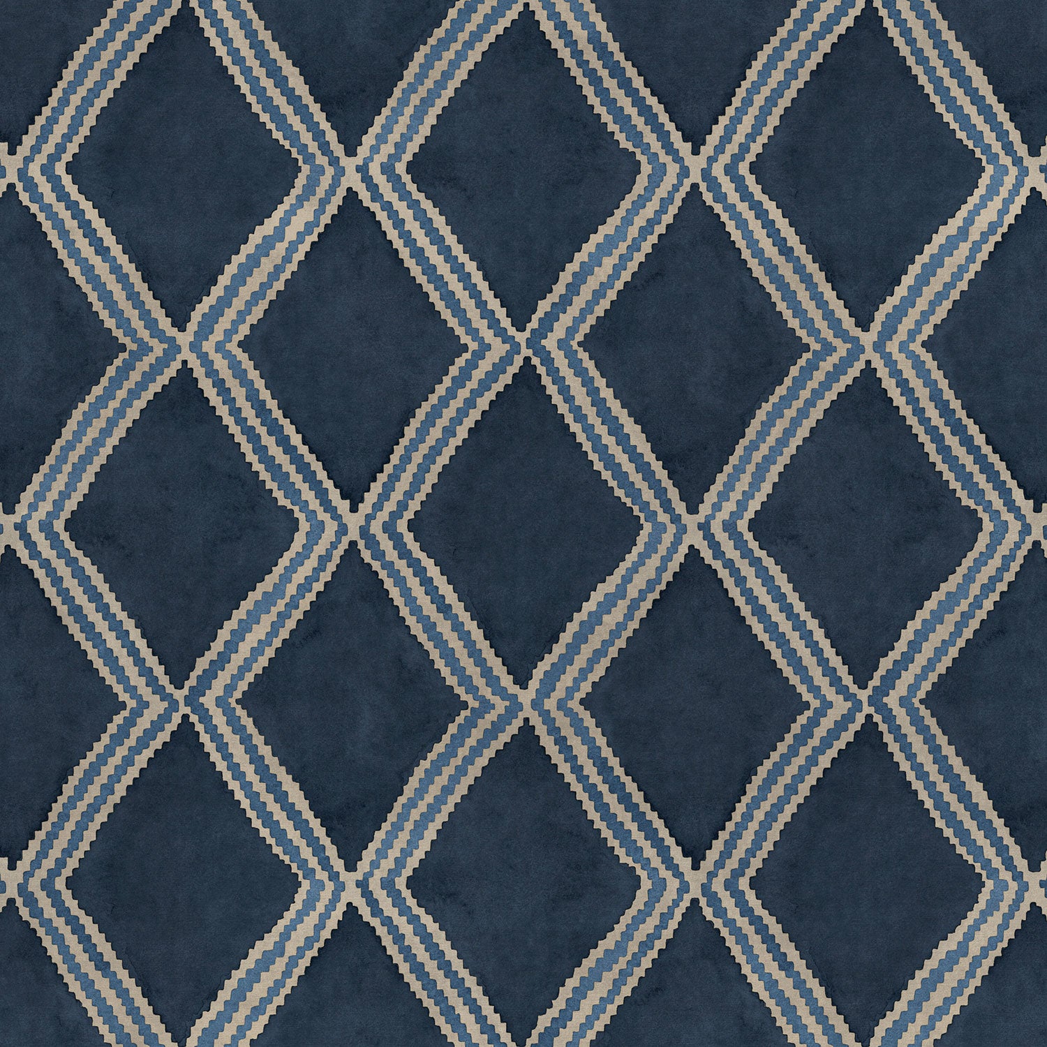 Close-up of blue printed velvet fabric featuring an irregular diamond motif with a soft, luxurious pile. 
