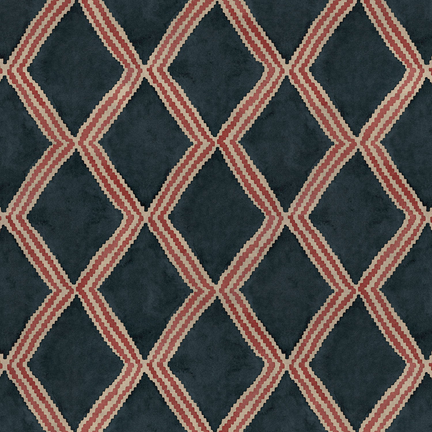 Close-up of blue and red printed velvet fabric featuring an irregular diamond motif with a soft, luxurious pile. 