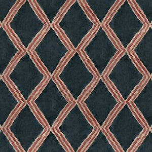Close-up of blue and red printed velvet fabric featuring an irregular diamond motif with a soft, luxurious pile. 