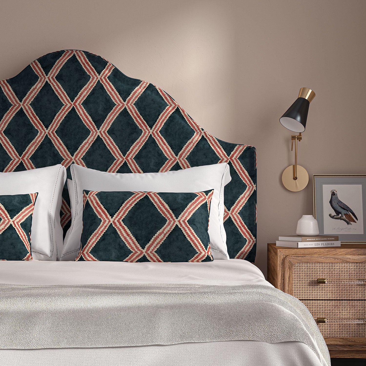 Bedroom with a curved upholstered headboard covered in blue and red printed velvet featuring an irregular diamond motif.
