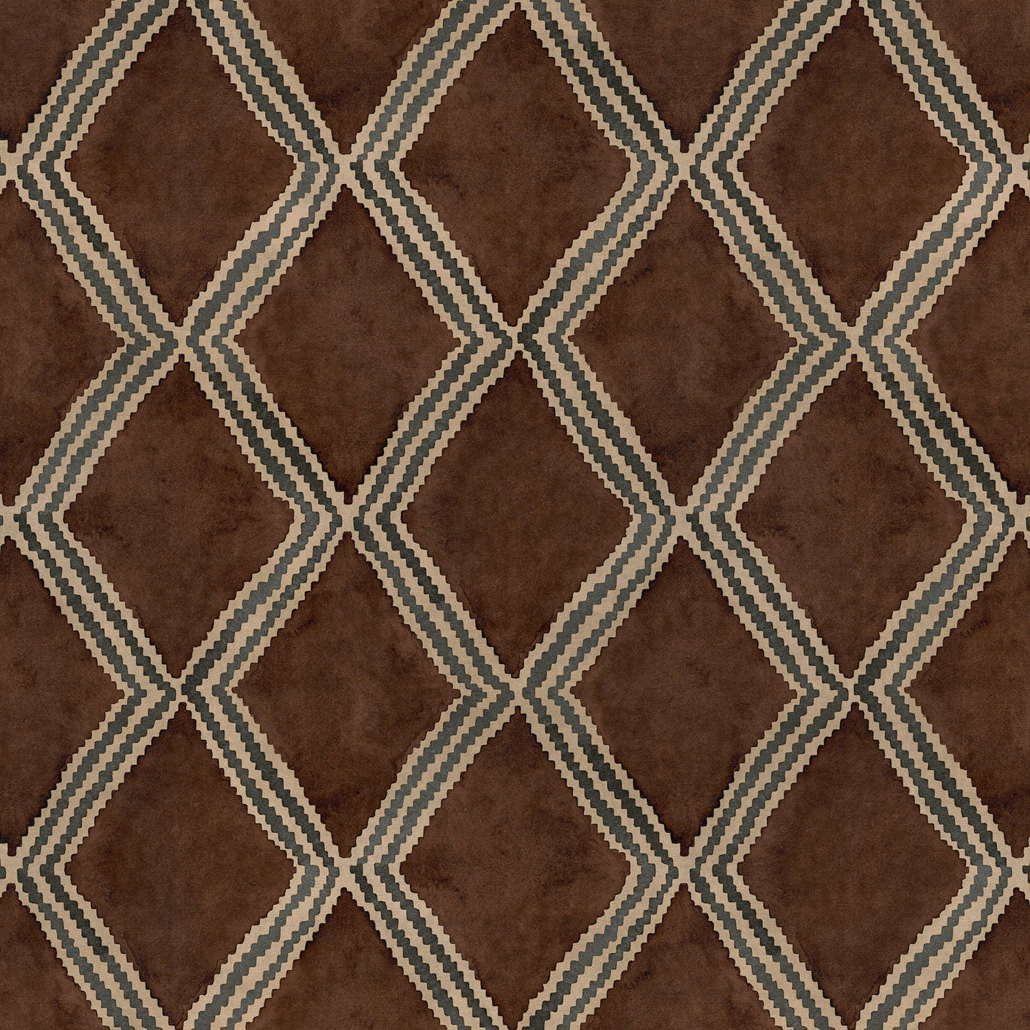 Close-up of brown and blue printed velvet fabric featuring an irregular diamond motif with a soft, luxurious pile. 