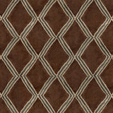 Close-up of brown and blue printed velvet fabric featuring an irregular diamond motif with a soft, luxurious pile. 