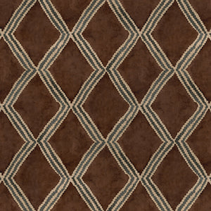 Close-up of brown and blue printed velvet fabric featuring an irregular diamond motif with a soft, luxurious pile. 