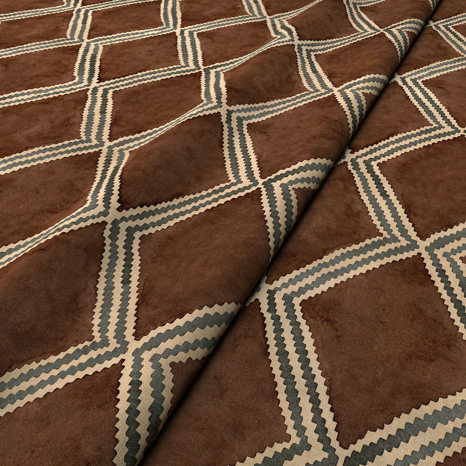 Close-up of brown and blue printed velvet fabric featuring an irregular diamond motif with a soft, luxurious pile. 
