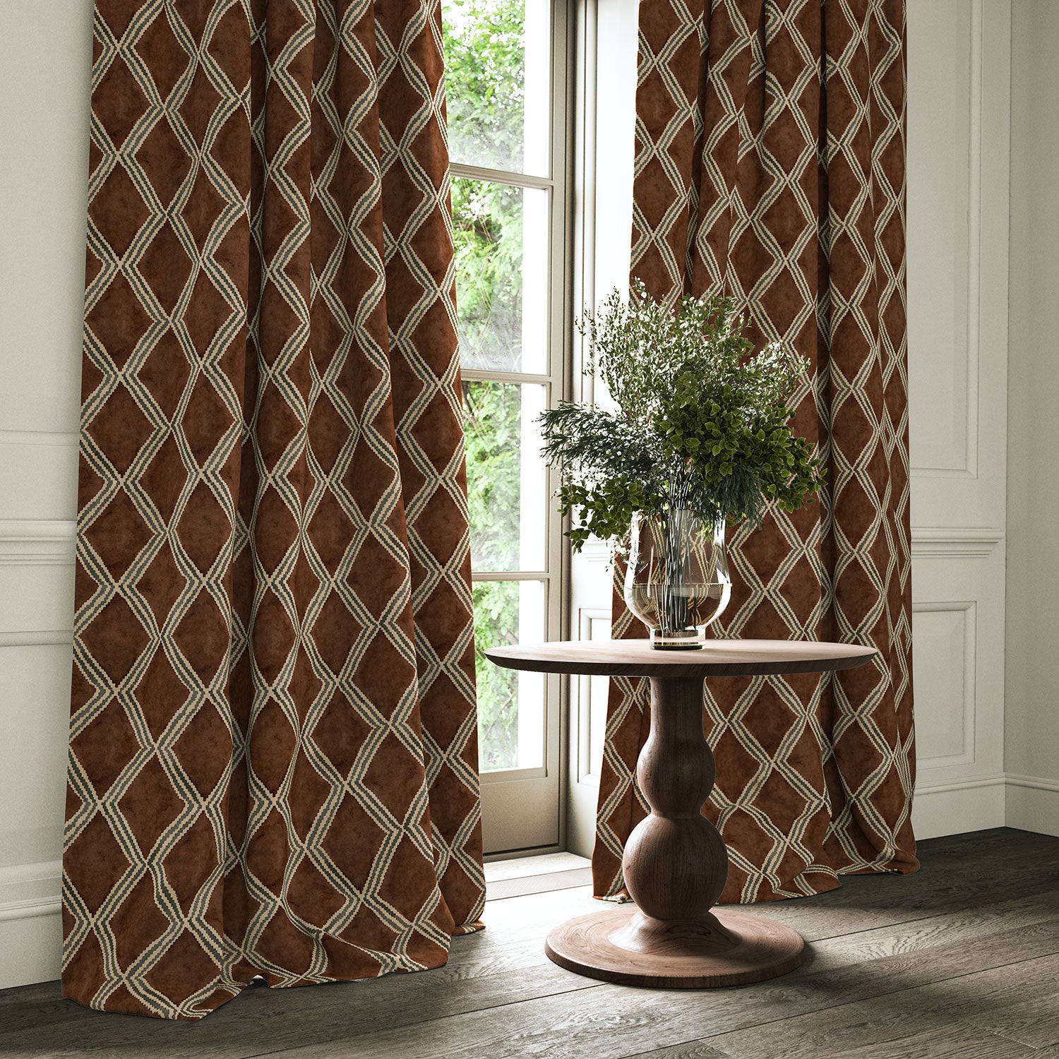 Brown and blue printed velvet curtains with an irregular diamond pattern framing a tall window.