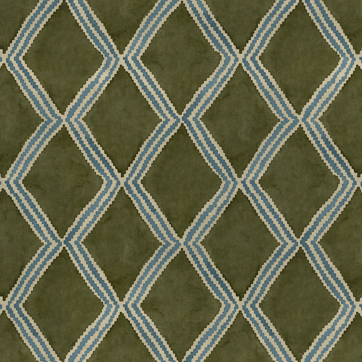 Close-up of green and blue printed velvet fabric featuring an irregular diamond motif with a soft, luxurious pile. 