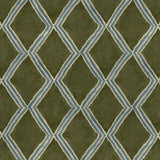 Close-up of green and blue printed velvet fabric featuring an irregular diamond motif with a soft, luxurious pile. 