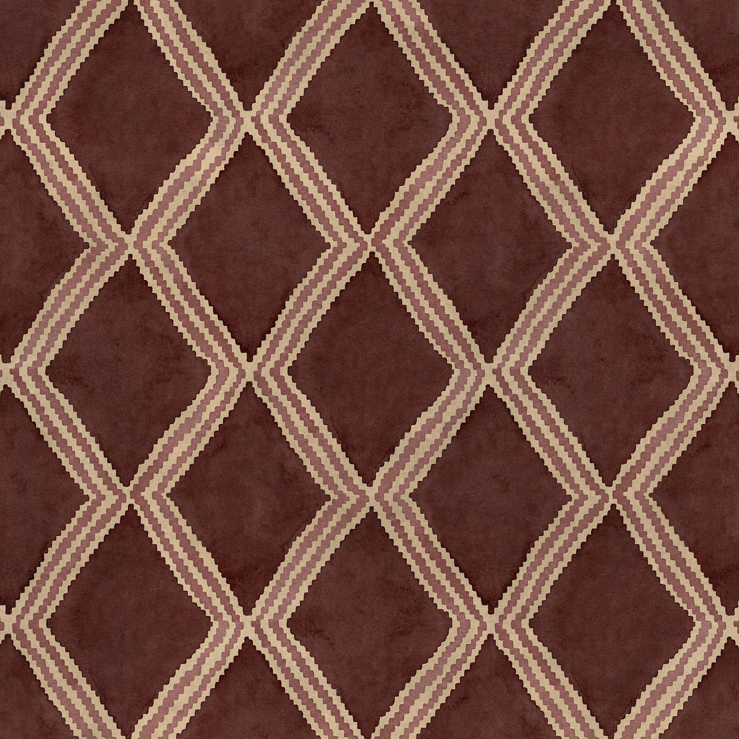 Close-up of plum printed velvet fabric featuring an irregular diamond motif with a soft, luxurious pile. 
