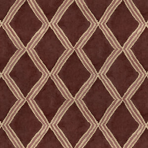 Close-up of plum printed velvet fabric featuring an irregular diamond motif with a soft, luxurious pile. 
