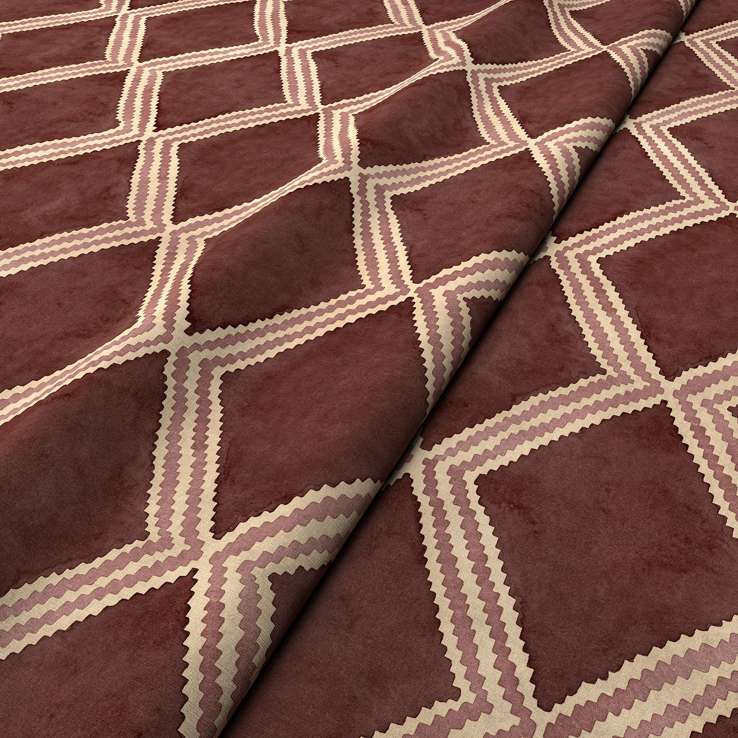 Close-up of plum printed velvet fabric featuring an irregular diamond motif with a soft, luxurious pile. 