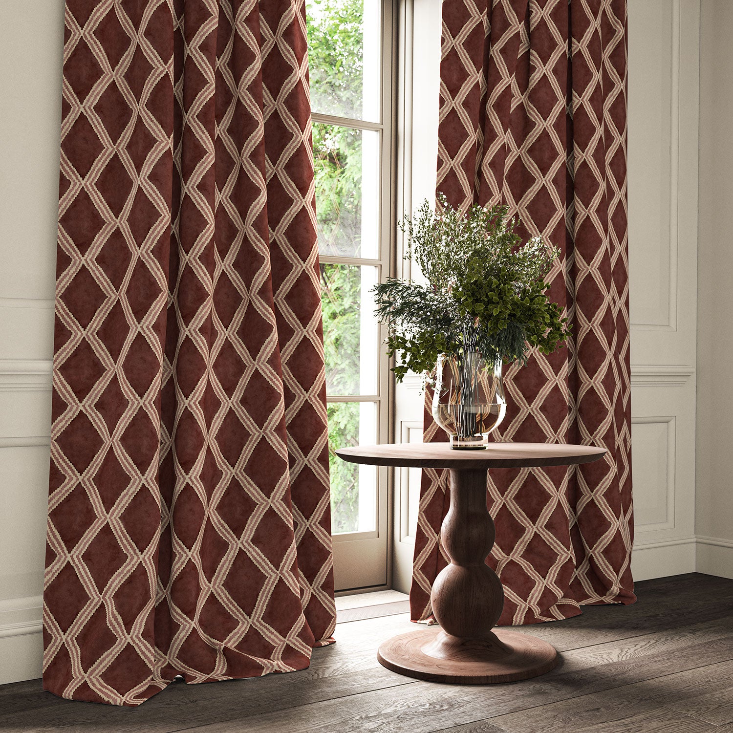 Plum printed velvet curtains with an irregular diamond pattern framing a tall window.
