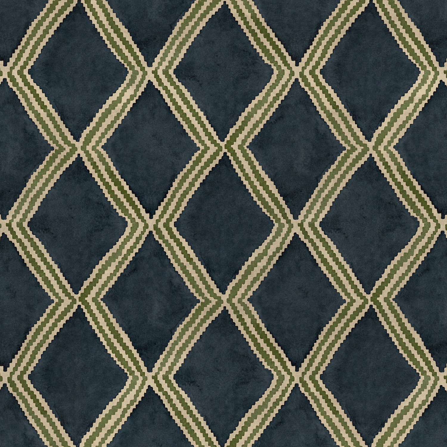 Close-up of blue and green printed velvet fabric featuring an irregular diamond motif with a soft, luxurious pile. 