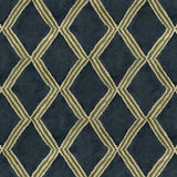 Close-up of blue and green printed velvet fabric featuring an irregular diamond motif with a soft, luxurious pile. 