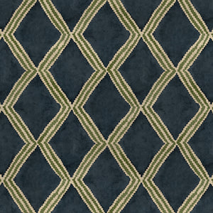 Close-up of blue and green printed velvet fabric featuring an irregular diamond motif with a soft, luxurious pile. 