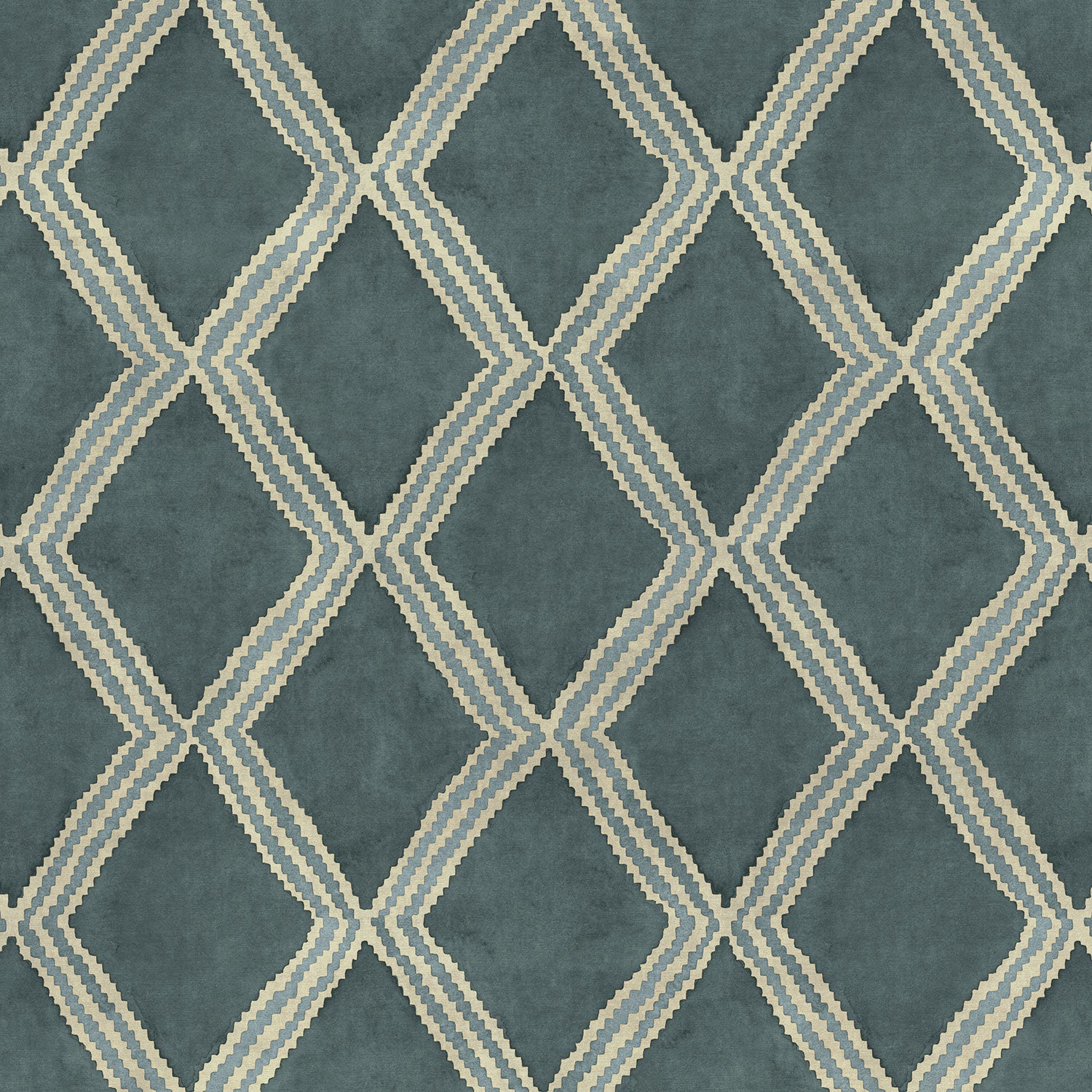 Close-up of blue printed velvet fabric featuring an irregular diamond motif with a soft, luxurious pile. 
